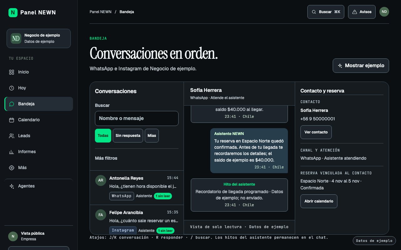 Bandeja del panel con conversaciones de WhatsApp e Instagram (datos de ejemplo)