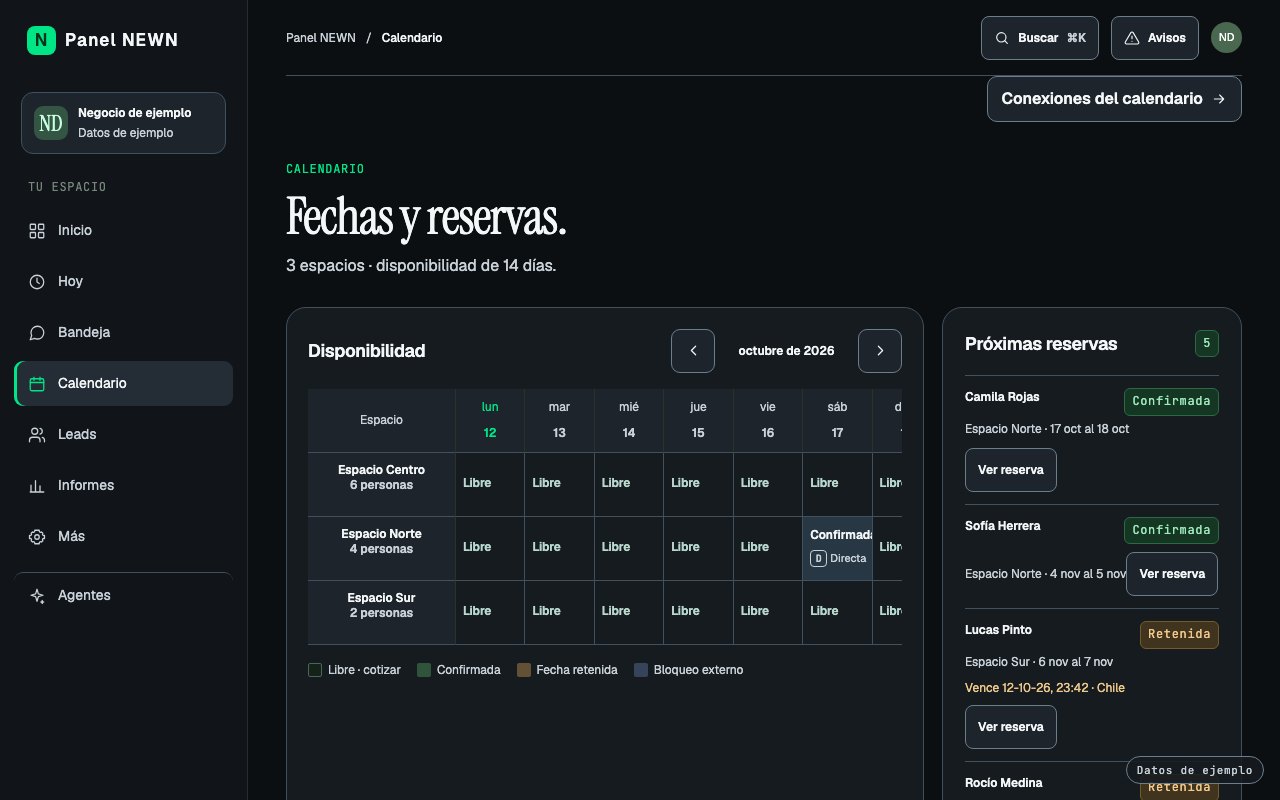 Calendario con disponibilidad de espacios y próximas reservas (datos de ejemplo)