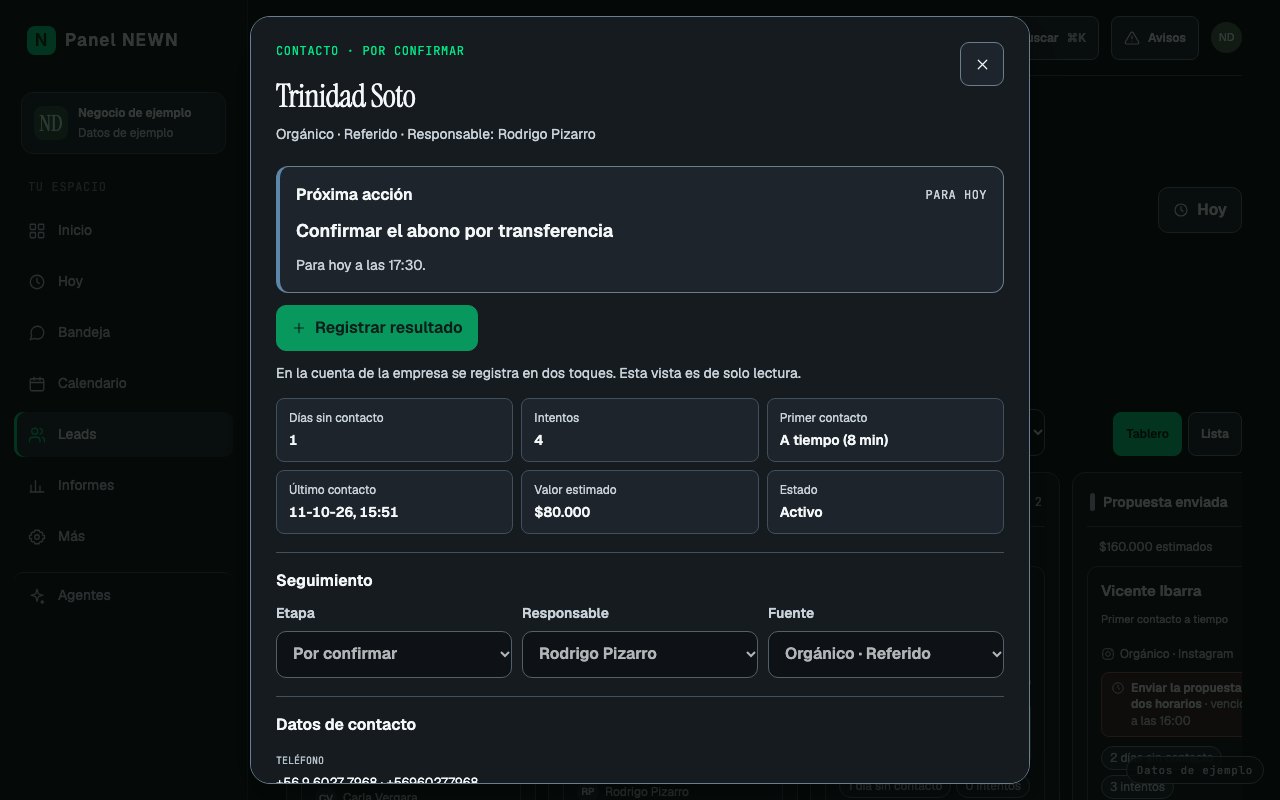 Ficha de un contacto con su etapa, responsable y próxima acción de seguimiento (datos de ejemplo)